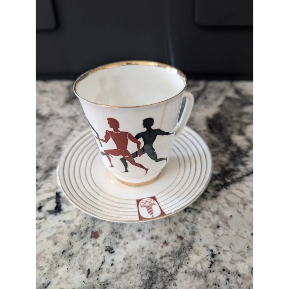 Vintage Lomonosov USSR Moscow 1980 Olympics Runner Porcelain Cup Saucer Cracked